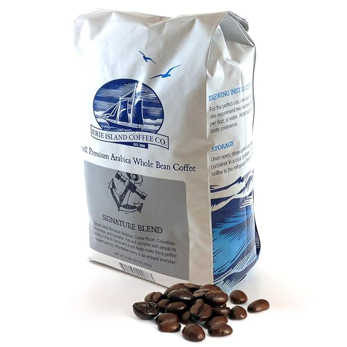 Erie Island Coffee Whole Bean Signature Blend Medium Roast 2 LB. Bag Flavorful Blend of Monsoon Malabar Costa Rican Columbian Viennese and Sumatra
