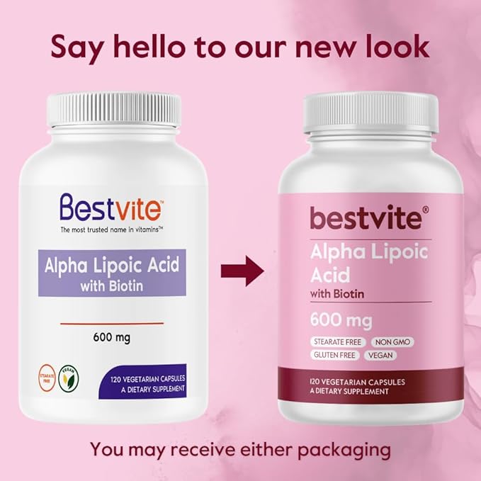 BESTVITE High Strength Alpha Lipoic Acid 600mg (per Capsule) with Biotin to Enhance Absorption (240 Vegetarian Capsules) (2 x 120) No Stearates - Vegan - Non GMO - Gluten Free