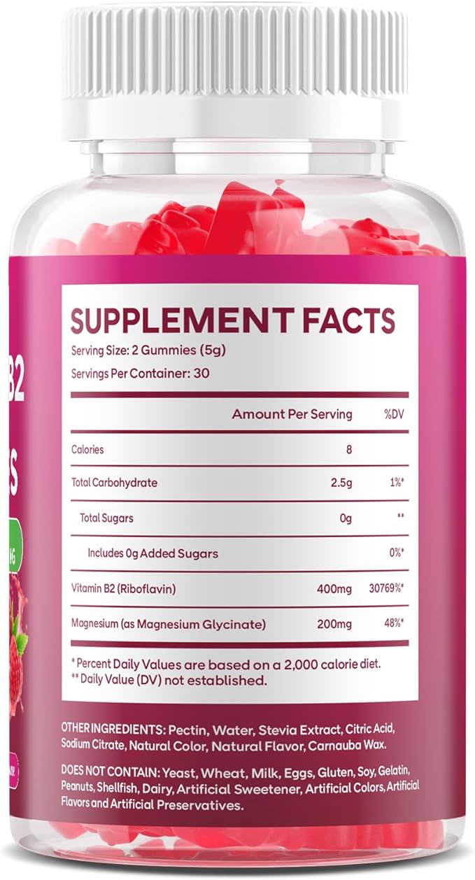 2 Pack Vitamin B2 Gummies Riboflavin 400mg Supplement with Magnesium for Kids &amp Adults B2 Gummies for Nervous System Support &amp Skin Health Raspberry Flavor 120 Count