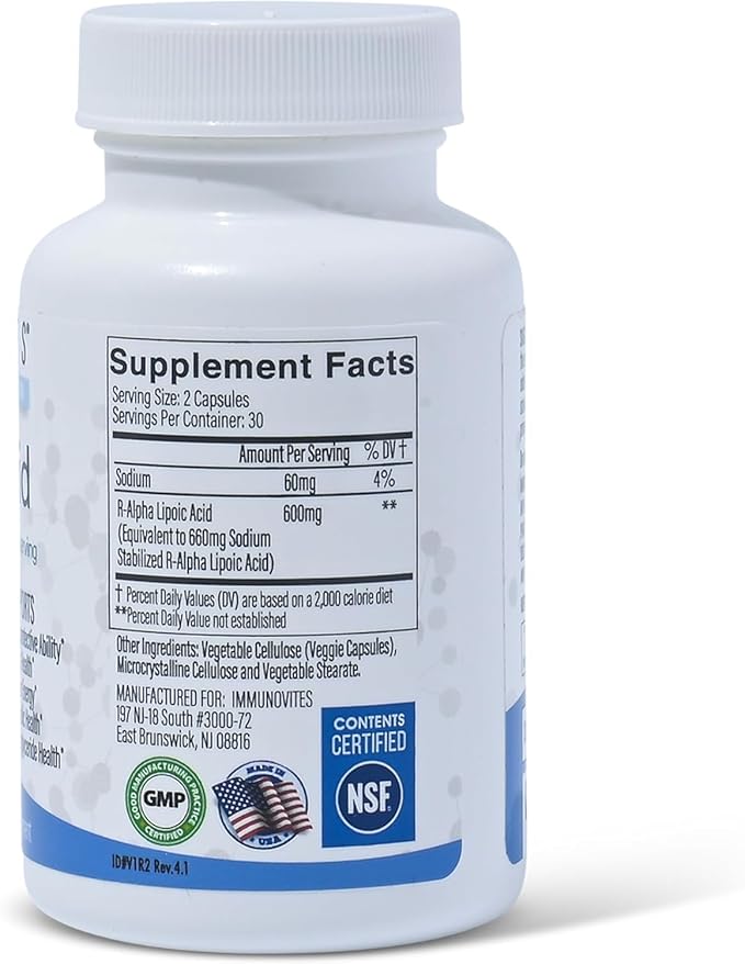 IMMUNOVITES 3-Pack Stabilized R-Alpha Lipoic Acid ((True)) 600mg per Serving [[High Potency &amp up to 40x Increased Absorption]] (Na R-ALA) (Na R-LA) (Na R-Lipoate) (3 Bottles)