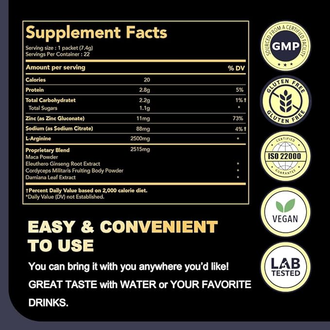 DAIKEN Peruvian Maca Root Powder Extra Strength 15000 mg Gelatinized Black Red Yellow Maca Blend with L-Arginine (2500 mg) for Men and Women Superior Absorption Vegan Lab Tested - 22 Packets