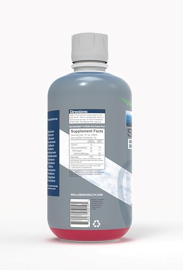 Wellgenix Sea Essentials Liquid Mineral Dietary Supplement with Trace and Macro Minerals and Coral Calcium – Sea Berry Flavor – 32 fl oz