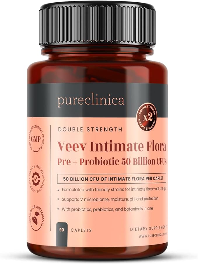 Veev Intimate Flora - Vaginal &amp Gut Microbiome Support – 50 Billion CFU – Probiotics Prebiotics Cranberry D-Mannose Hyaluronic Acid – 90 Caplets – 3 Month Supply