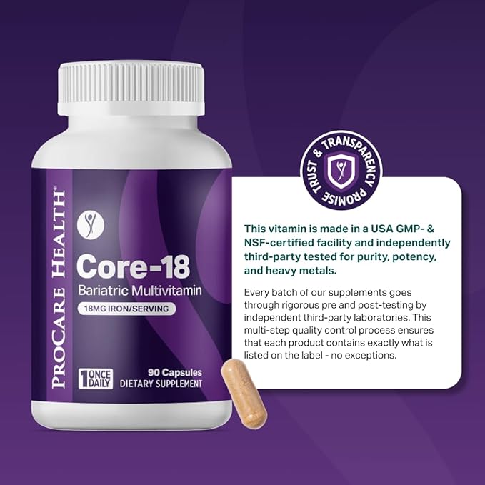 ProCare Health Bariatric Multivitamin with 18mg Iron (3 Month Supply) Post-Op Vitamins Bariatric Surgery Patients Supports Recovery (90 Easy to Swallow Capsules)