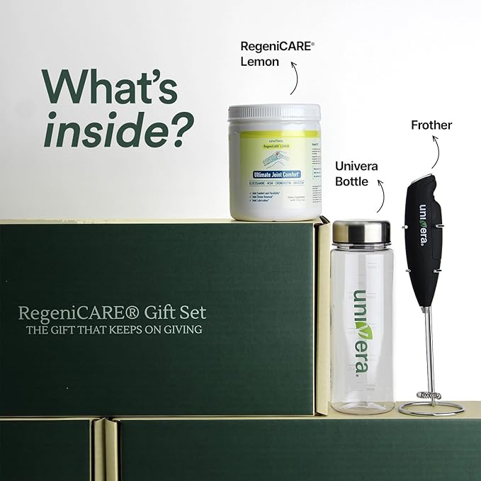 Univera RegeniCARE Gift Set with Bottle and Frother – Joint Support with Glucosamine Univestin MSM Chondroitin – 30 Servings Lemon