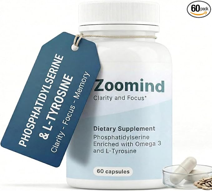 Zoomind Brain Supplements for Focus and Clarity Brain Health with Omega-3 Phosphatidylserine (PS) and L-Tyrosine. Supports Healthy Brain Function 60 Capsules