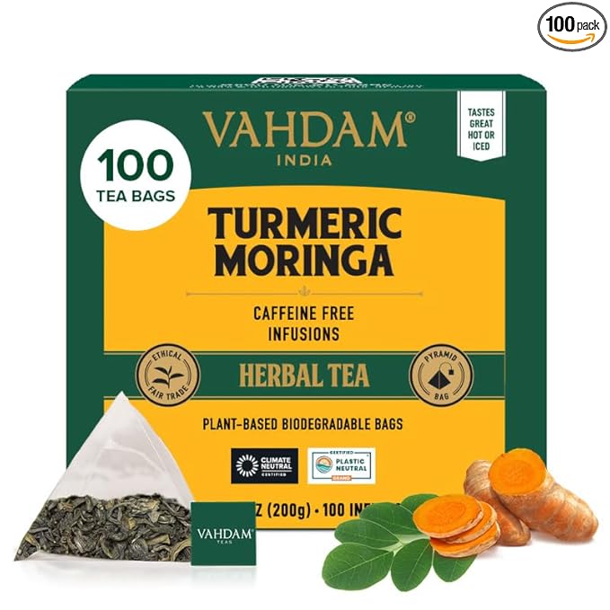 VAHDAM Turmeric Moringa Tea Bags (100 Herbal Tea Bags) Caffeine Free Non GMO | 100% Pure Herbal Blend - Sweet &amp Earthy | Resealable Ziplock Pouch