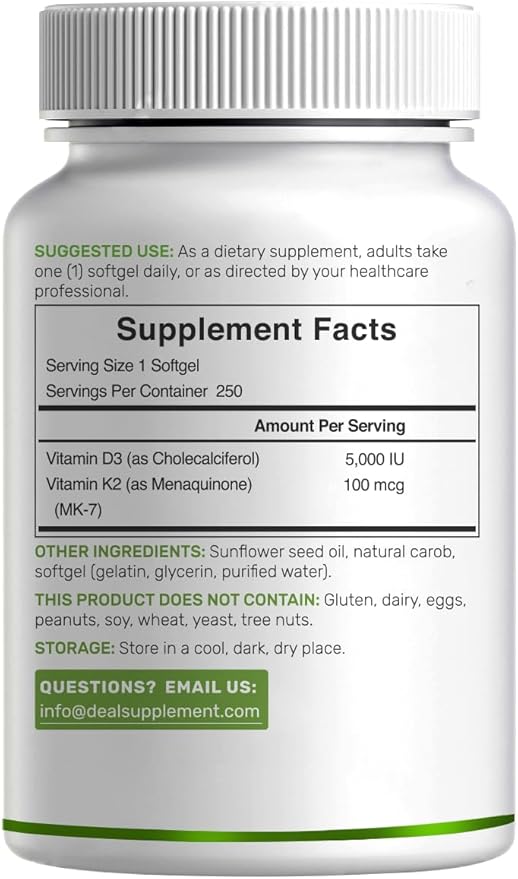 DEAL SUPPLEMENT Vitamin D3 5000 IU + K2 MK7 Softgels 250 Count | 2-in-1 Complex | Easy to Swallow