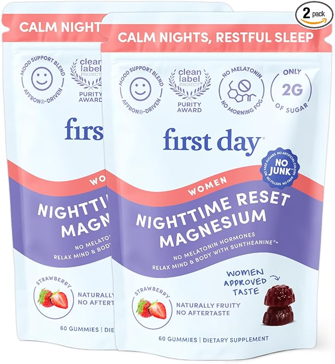 First Day Women’s Nighttime Reset Calming Magnesium Gummies – Sleep Aid Supports Peaceful Rest Balanced Mood &amp Energy – Supplement with Magnesium Citrate L-Theanine &amp No Melatonin – 60-Day S