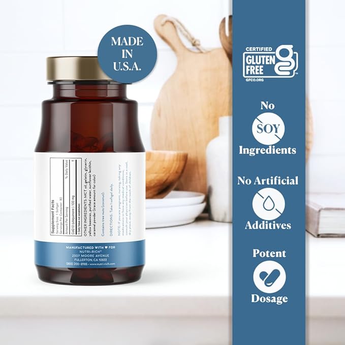 Nutri-Rich CoQ10 Softgels Coenzyme Q10 Ubiquinone for Heart &amp Energy Statin Usage &amp Cellular Health Third Party Tested GMP Quality No Artificial Additives No Soy Gluten Free 90 Count