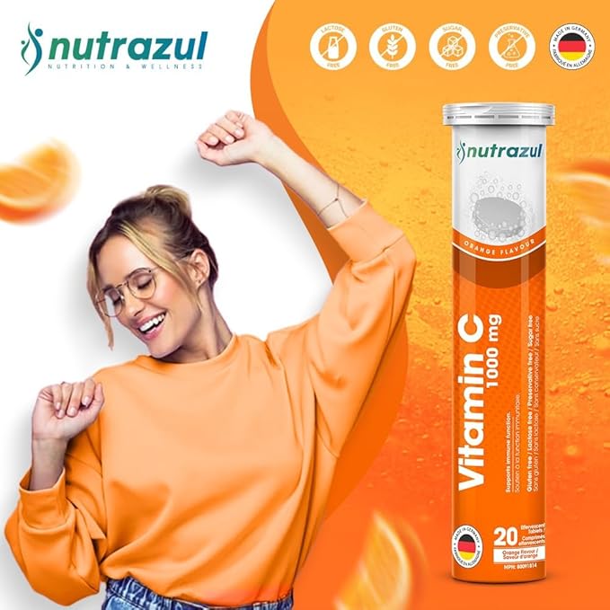 nutrazul Vitamin C 1000mg Effervescent Tablets VIT C Supplement to Help Maintain Immune Function Gluten-Free Lactose-Free Sugar-Free Preservative-Free Orange Flavor 20 Count Pack of 3