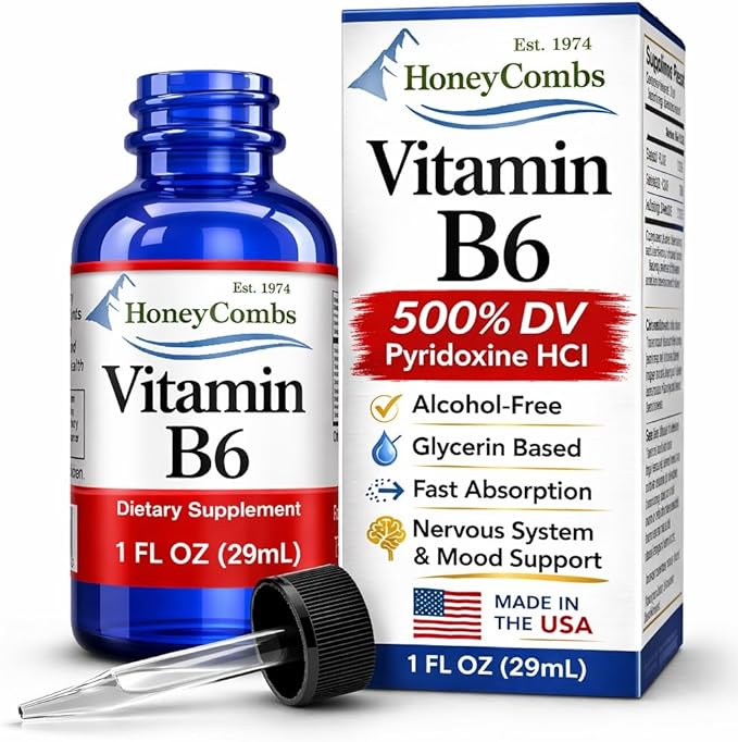 Vitamin B6 Liquid Drops 500% DV Pyridoxine B6 Supplement Alcohol Free Fast Absorbing B6 Vitamins for Energy Brain &amp Immune Support Made in the USA