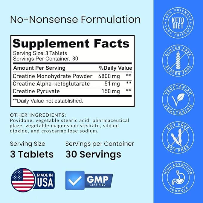 Crazy Muscle ThreeAtine Creatine Monohydrate Pills 5g Pure 3X Formula for Muscle Support &amp Training Performance - High Absorption Pre Workout Supplement for Men &amp Women Fitness 30 Servings
