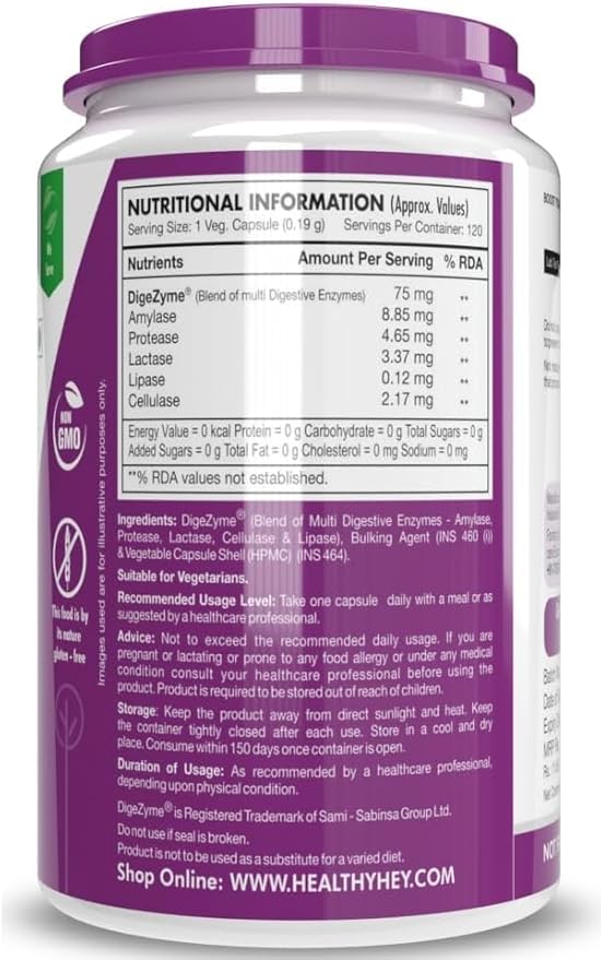 Digestive Enzymes Capsules - Amylase Lipase Protease Multi-Enzyme Complex Tablet -Pack of 120 Vegetable Capsules