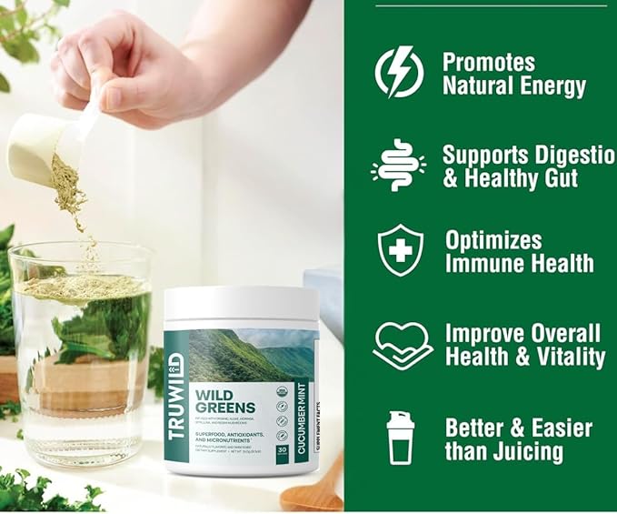 TruWild Greens Superfood Cucumber Powder with 22+ Greens &amp Anti-Oxidants Delicious Green Juice Powder Natural Immune Stress Digestion Support 30 Servings Per Tub (Cucumber Mint)