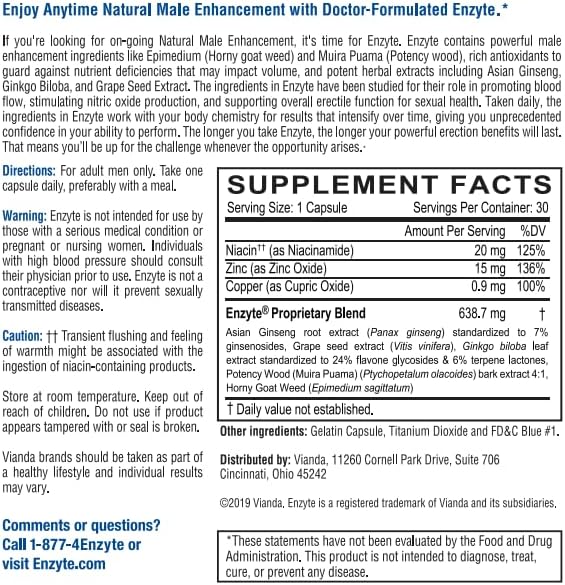 Enzyte® Natural Male Vitality Support | Daily Supplement for Men’s Health with Asian Ginseng Ginkgo Biloba Grape Seed Epimedium Muira Puama - 30 Capsules 30 Day Supply
