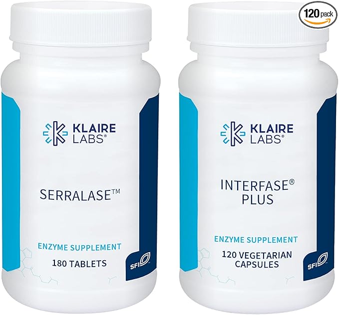 Klaire Labs Interfase Plus (120 Capsules) + Serralase (180 Tablets) - Multi-Enzymes Serratia Peptidase &amp Bromelain 'Digestive Enzymes - Gastrointestinal System Gut Flora Biofilm &amp Detox