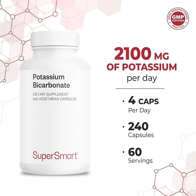 SuperSmart Potassium Bicarbonate (High Dose) - Electrolyte Mineral - pH Acid-Base Balance - Potassium Supplement | Non-GMO &amp Gluten Free - 240 Vegetarian Capsules