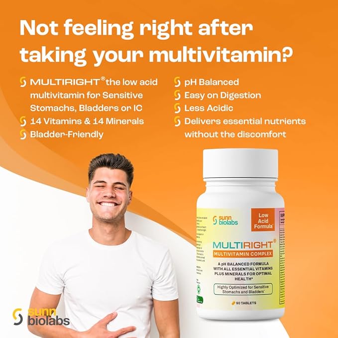 MULTIRIGHT | Low Acid MULTIVITAMIN | Bladder-Friendly | 14 Vitamins &amp 14 Minerals | pH Balanced | Easy on Digestion-Less Acidic | Buffered Vitamin C | 90 Tablets