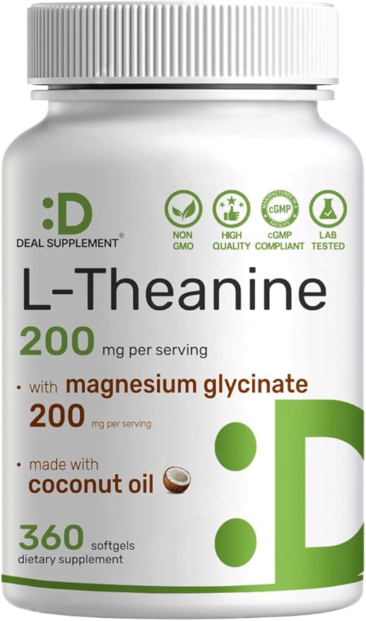 L-Theanine with Magnesium Glycinate 360 Softgels | L-Theanine 200mg &amp Magnesium Glycinate 200mg per Serving | 2-in-1 Amino Acid &amp Mineral Complex | Made with Coconut Oil | Non-GMO cGMP Manuf