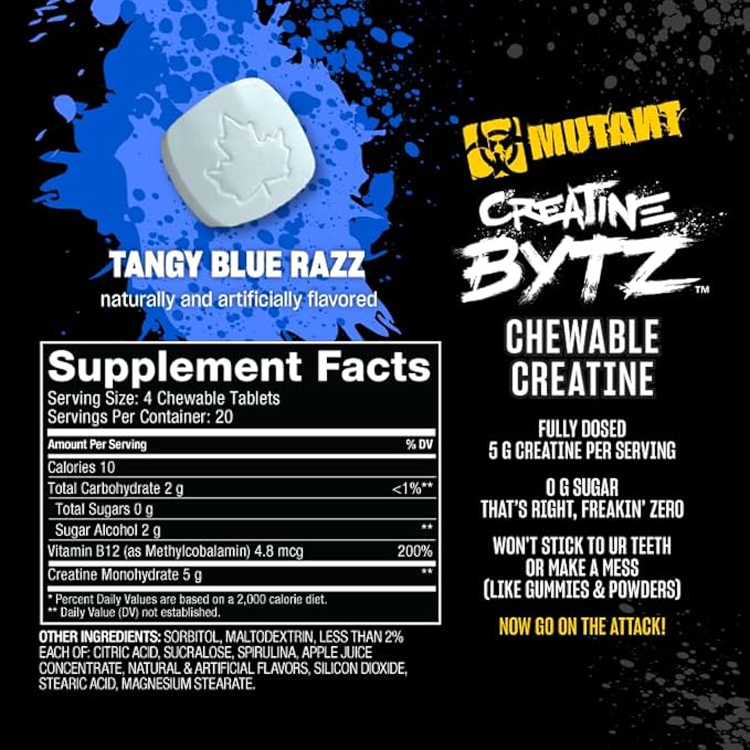 Mutant Creatine Bytz – Sugar-Free Chewable Creatine Tablets for On-The-Go Use – 5g Creatine Monohydrate Per Day – Pre Workout &amp Post Workout Protein Support – 80 Tablets – Tangy Blue Razz