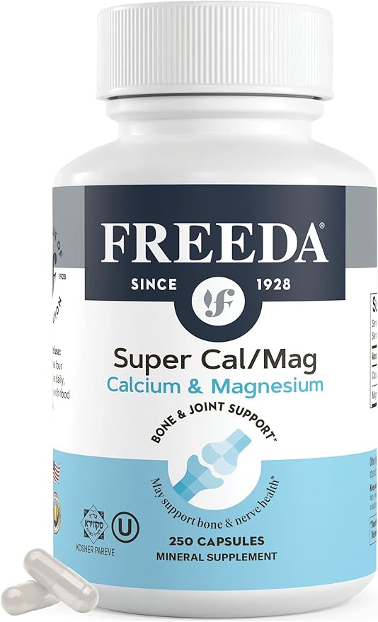 Freeda Super Cal/Mag – Kosher Vegan Bone Health Supplement – Supports Bone Strength Nerve Function &amp Muscle Relaxation – Vegetarian Calcium Magnesium Capsules – Third-Party Tested – 250 Capsules
