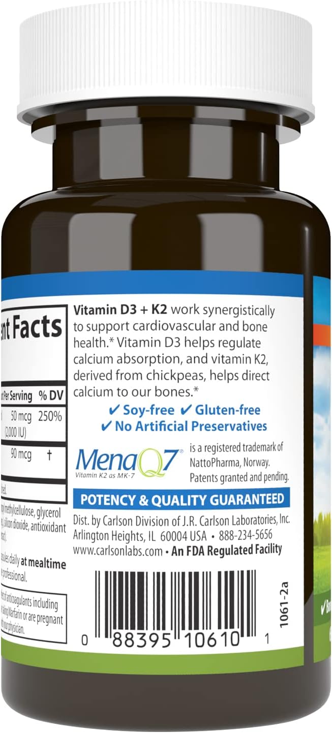 Carlson - Vitamin D3 + K2 50 mcg (2000 IU) Vitamin D3 &amp 90 mcg Vitamin K2 as MK7 Bone Support Calcium Absorption 60 Capsules (Pack of 2)