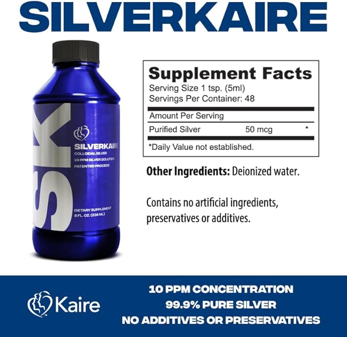 SilverKaire Colloidal Silver Liquid 10PPM – Nano Silver Suspension with 99.9% Pure Silver in Deionized Water – Made with an Electromagnetic Process – for General Use