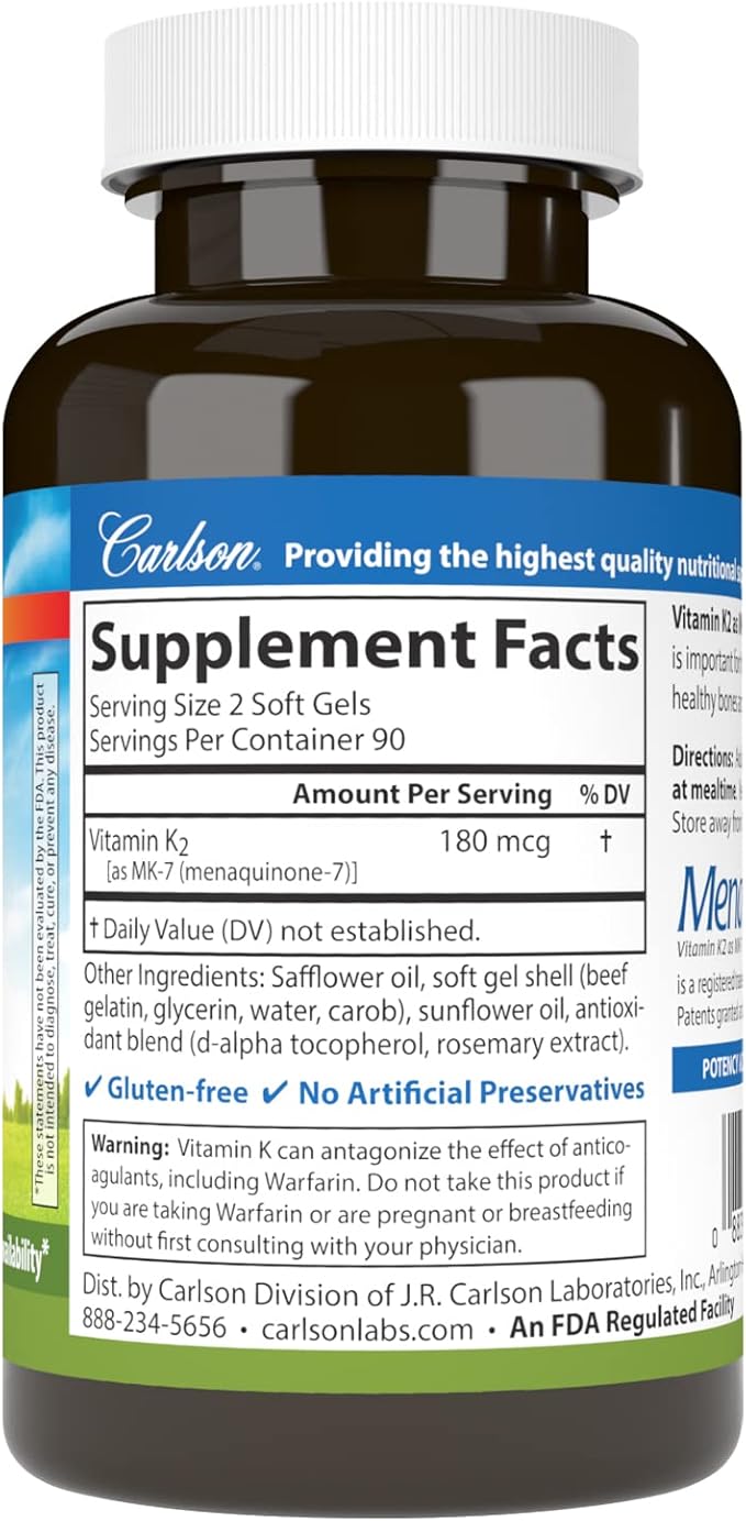 Carlson - Vitamin K2 MK-7 (Menaquinone) 180 mcg Bone Support Calcium Bioavailability K2 Vitamin Vitamin K-2 180 Softgels