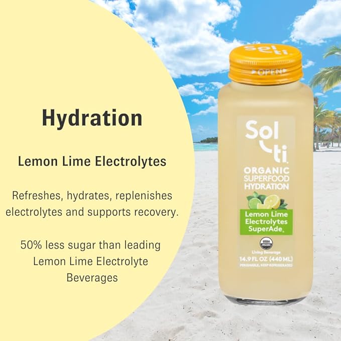 Organic Lemon Lime Electrolytes SuperAde Drink Effective Hydration SuperFood Lemonade by Sol-ti Cold-Pressed Juice Blend 16 Pack (14.9 Fl oz)