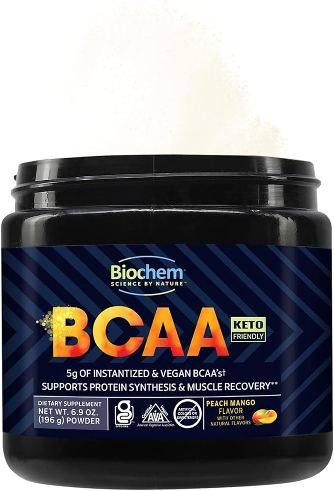Biochem BCAA Powder Peach Mango 5g – 30 Servings | Vegan Gluten Free Keto Instantized 2:1:1 BCAA Supplement for Muscle Recovery Protein Synthesis &amp Hydration | Electrolyte Amino Acid Powder