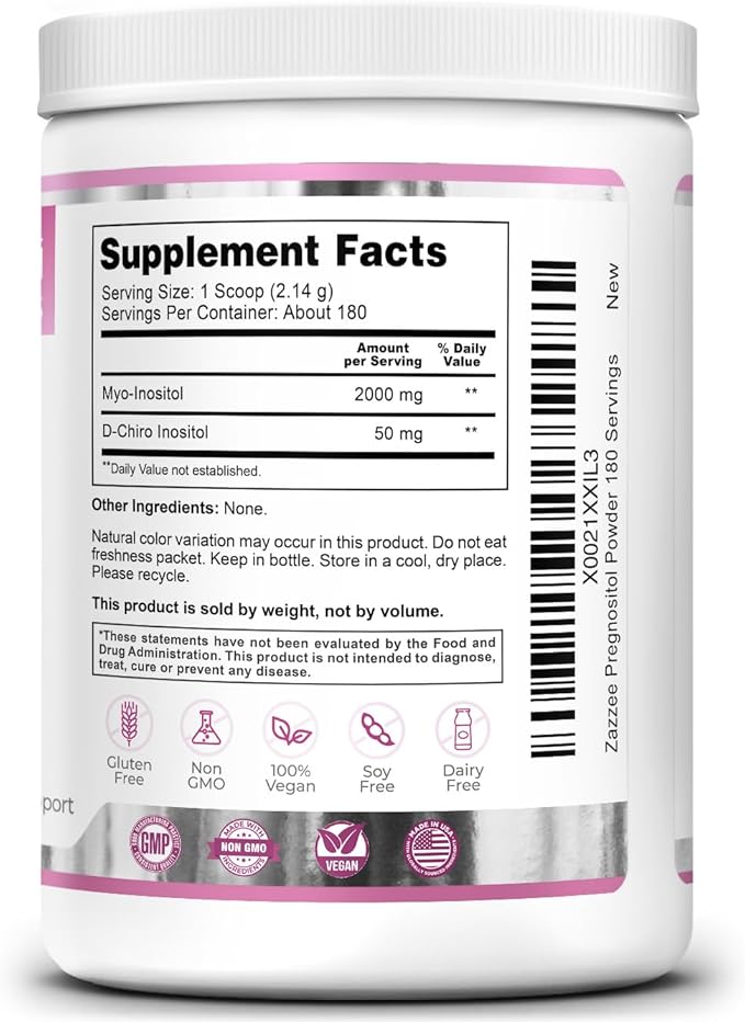 Zazzee PREGNOSITOL Powder 6 Month Supply Myo-Inositol and D-Chiro-Inositol 40:1 Fertility Blend Free Scoop for Exact Dosage Premium Balanced Formula 180 Servings Vegan All-Natural and Non-GMO
