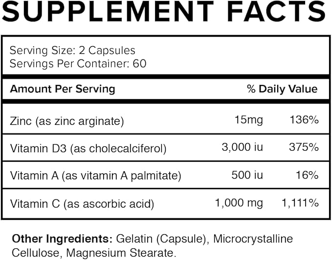 Vatellia Life Immune Up High-Absorption Vitamin C D3 A + Zinc | Immune Support | Improve Cellular Health | Microbial Defense | 120 Capsules (60 Day Supply)