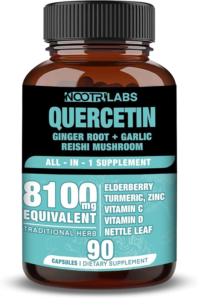 All-in-1 8100mg Highest Potency Quercetin Elderberry Turmeric Reishi Mushroom Vitamin C D Ginger Root Zinc Nettle Leaf - Immune Antioxidant &amp Overall Health Support - 90 Vegan Capsules