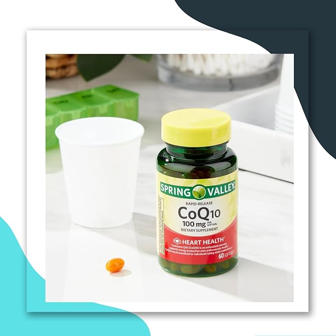 Spring Valley Rapid-Release CoQ10 Heart Health Dietary Supplement Softgels 100 mg 60 Count Bundle with Weekly Pills Planner + LLJ Corp Sticker. White