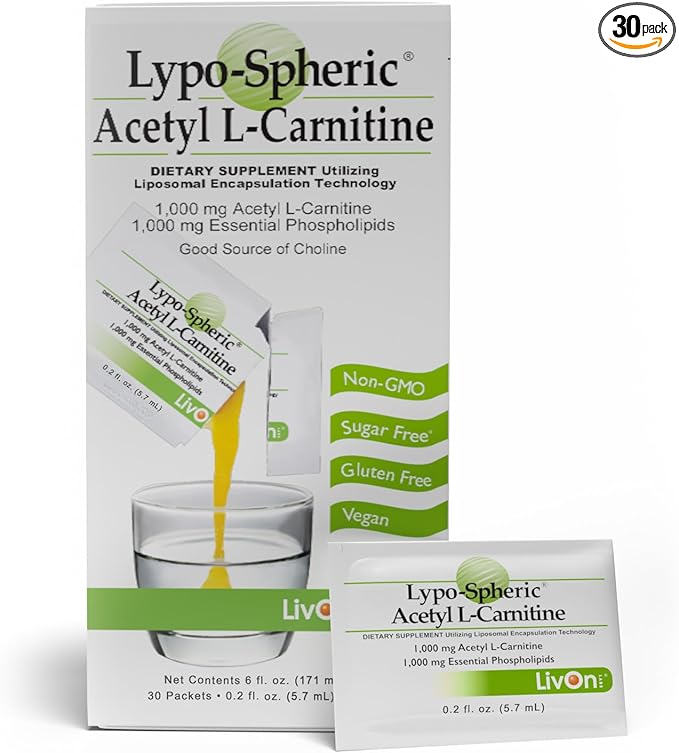Lypo-Spheric Acetyl L-Carnitine – 1000 mg Acetyl L-Carnitine &amp Essential Phospholipids Per Packet – Liposome Encapsulated for Maximum Bioavailability – 100% Non-GMO - (30 Individual Packets)