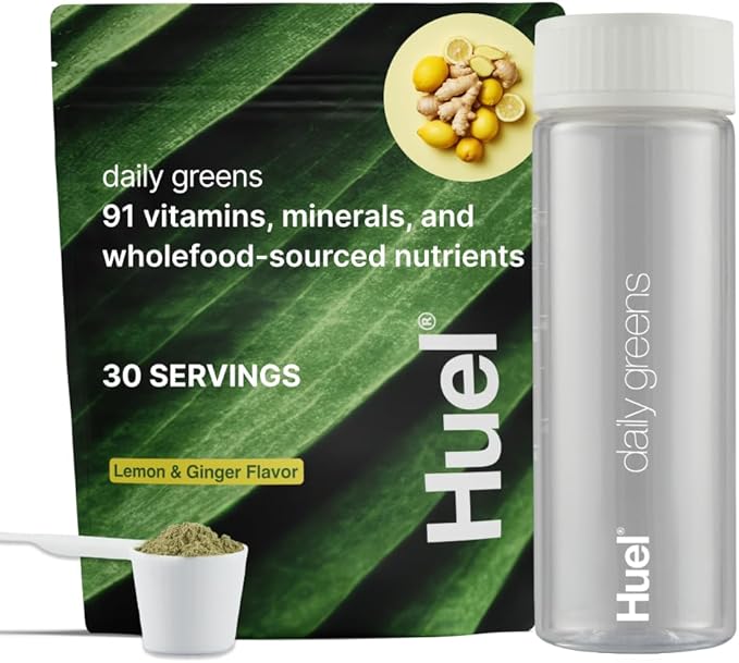Huel Daily Greens Bundle | Lemon &amp Ginger Daily Greens Bag + Bottle | 30 Servings | Superfood Greens Powder | 91 Vitamins Minerals and Wholefood-Sourced Ingredient