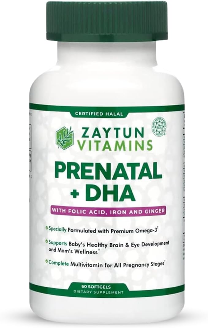 Halal Prenatal Vitamins + DHA Folic Acid Iron Ginger for Soothing One Daily for All Pregnancy Stages Gluten Free Non-GMO 60 Softgels 2 Months Supply USA Made Halal Vitamins