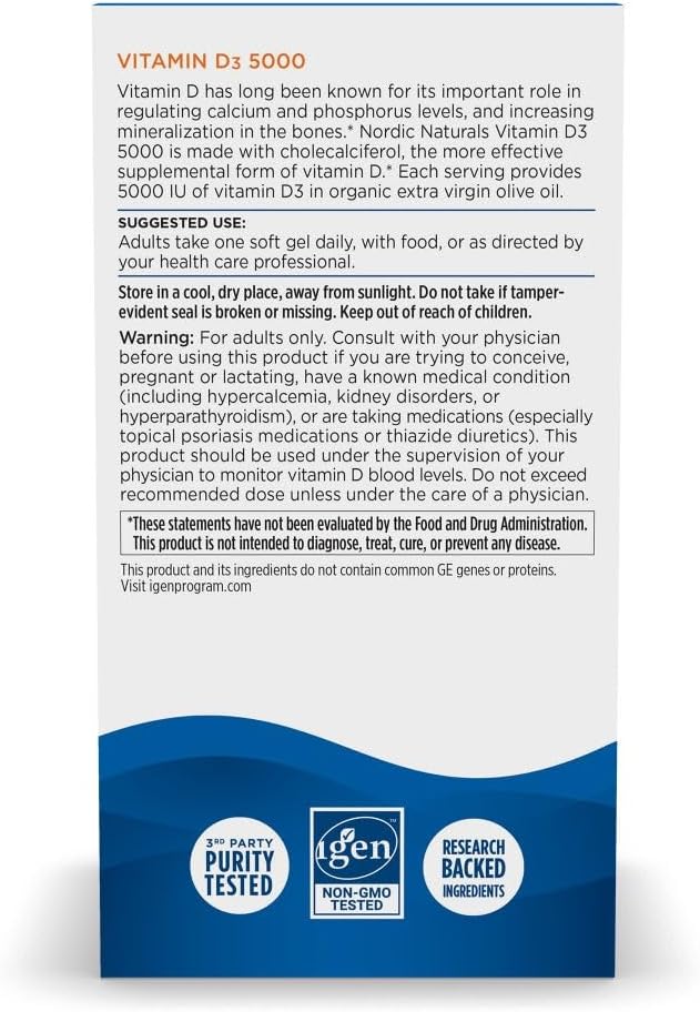 Nordic Naturals Vitamin D3 5000 Orange - 120 Mini Soft Gels - 5000 IU Vitamin D3 - Supports Healthy Bones Mood &amp Immune System Function - Non-GMO - 120 Servings (Pack of 2)