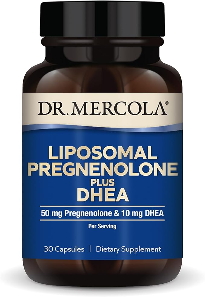 Dr. Mercola Liposomal Pregnenolone Plus DHEA 30 Servings (30 Capsules) 50 mg Pregnenolone Per Serving 10 mg DHEA Per Serving Dietary Supplement Non-GMO