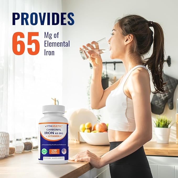 Vitamatic Carbonyl Iron 65 mg with Vitamin C – 120 Tablets - Gentle Iron Supplement for Energy &amp Immune Support – High Absorption – 2 Pack