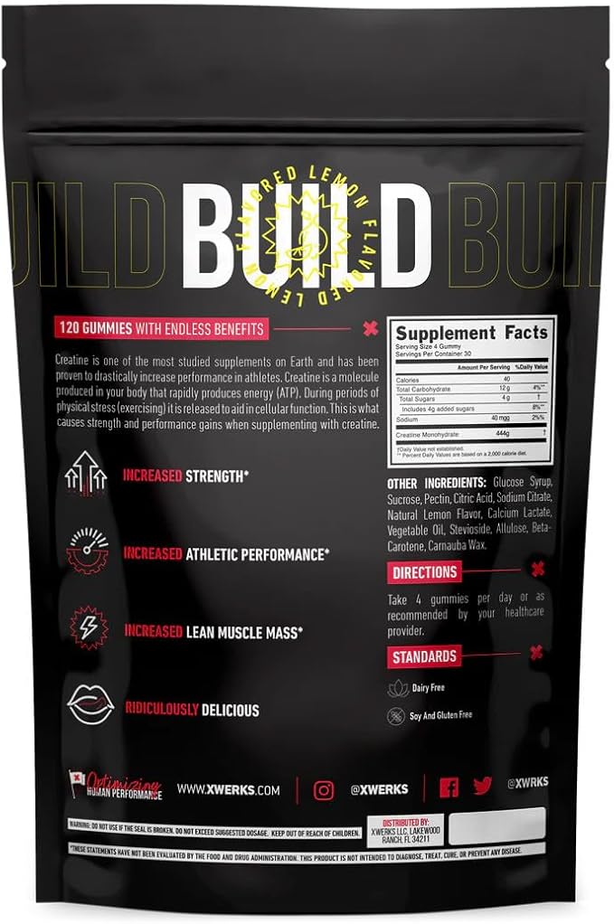 Xwerks Build Creatine Gummies for Men and Women 120 Count 100% Pure Creatine Monohydrate Lemon Flavored Muscle Building Gummies 4g Per Serving Pre Workout Anti Melting 5000mg Total Creatine