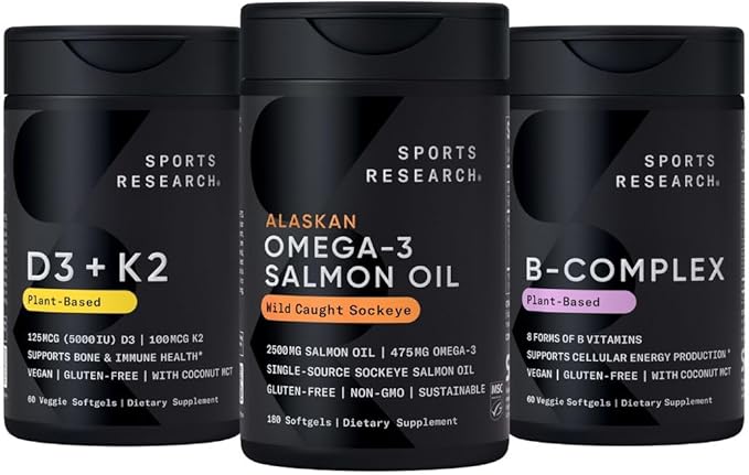 Sports Research® Supplements Pack - Omega 3 Salmon Oil + Vegan Vitamin D 5000iu &amp Mk7 Vitamin K 100mcg + Vitamin B-Complex