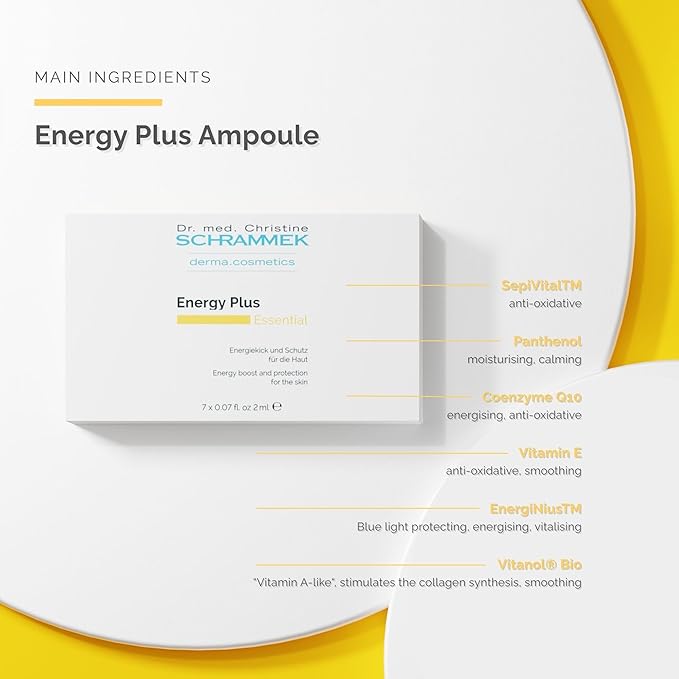 Energy Plus Ampoules (7 x 0.07 fl oz) – Energizing and Protective Skincare – Q10 and Vitamins E C B5 – Shields Against Blue Light – Revitalizes Tired Skin – Dr. Schrammek