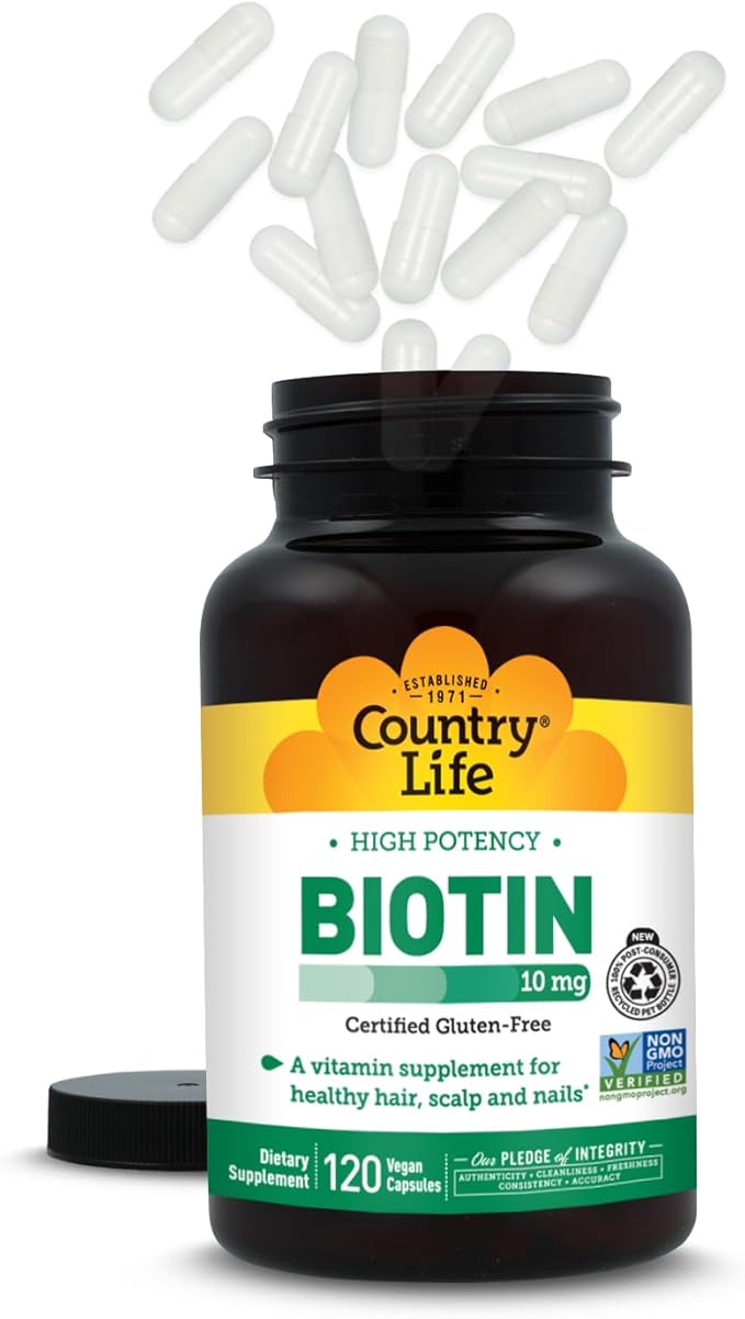 Country Life High-Potency Biotin 10mg - Vegan &amp Gluten-Free Biotin Supplement for Skin &amp Nails Energy Metabolism - Biotin 10000mcg Capsules