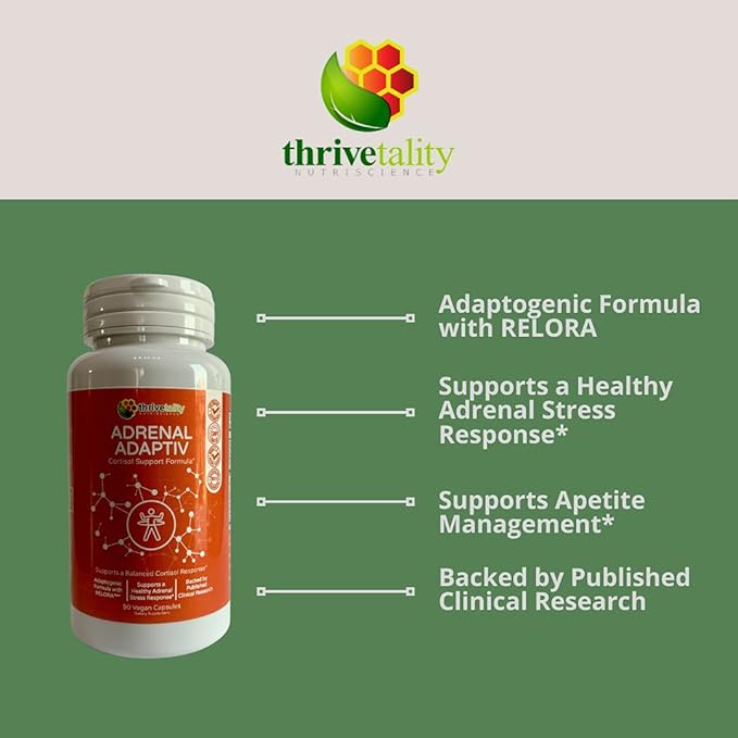Adrenal ADAPTIV Cortisol Support Formula by Thrivetality | #1 Physician Formulated | Clinically Proven | Adaptogen Blend with RELORA Ashwagandha and Rhodiola