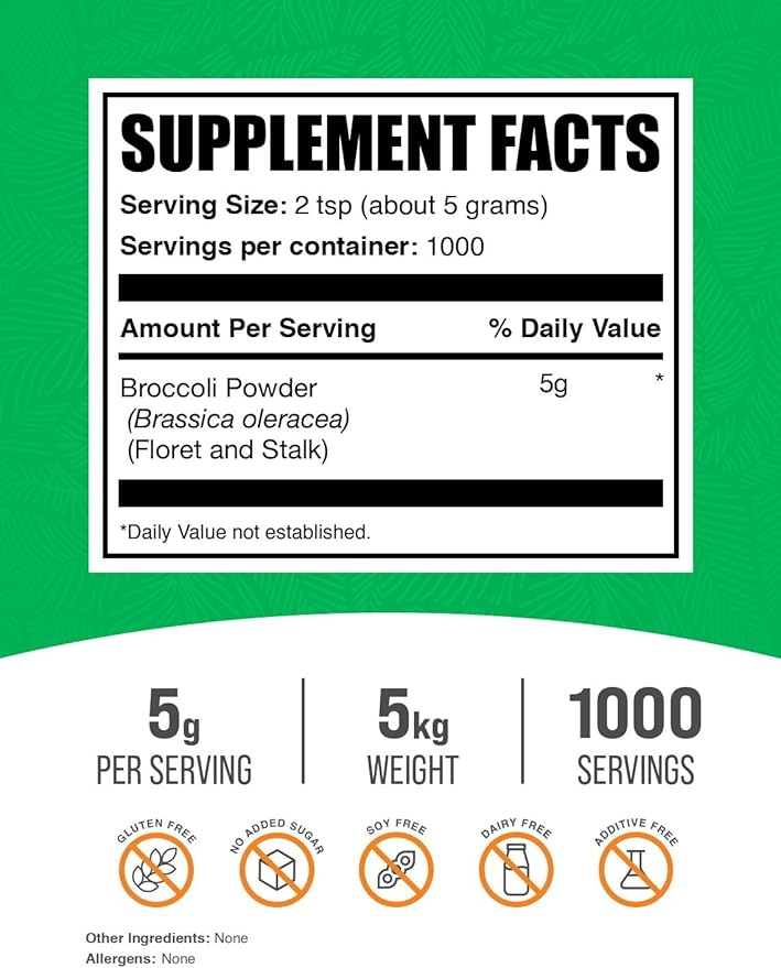 BulkSupplements.com Broccoli Powder - Broccoli Florets Powder Sulforaphane Supplement - Vegan &amp Gluten Free 5g per Serving 1kg (Pack of 5) (11 lbs)