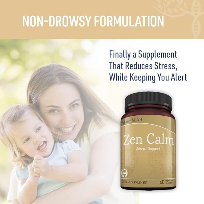 Zen Calm Stress Adrenal Support Supplement Organic Adaptogenic Herbs - Magnesium B Vitamins GABA &amp More to Support a Natural Calm. Non-Drowsy. Non-GMO (60 Veggie Caps)