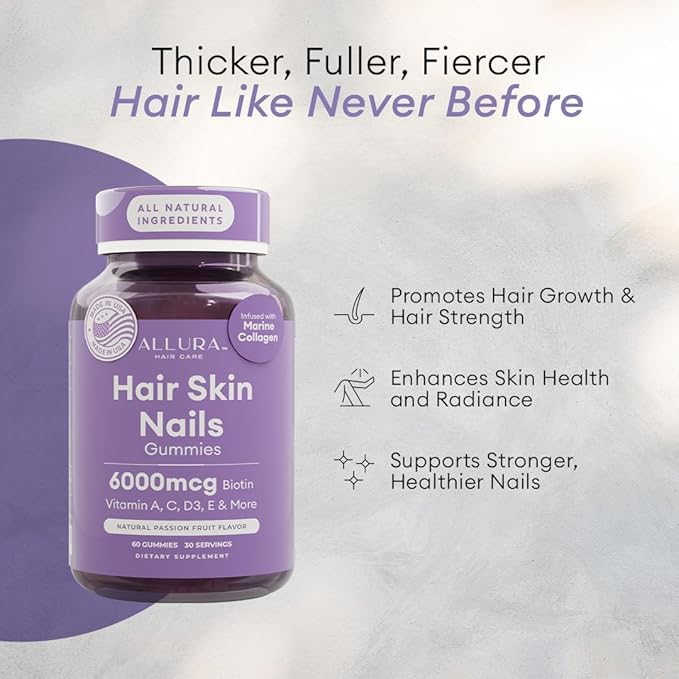 Hair Skin and Nails Vitamins for Women – Extra Strength 6000mcg Biotin Hair Gummies with Marine Collagen Vitamin E A C &amp PABA for Hair Growth Healthy Skin &amp Nails – Made in US Passion Fru