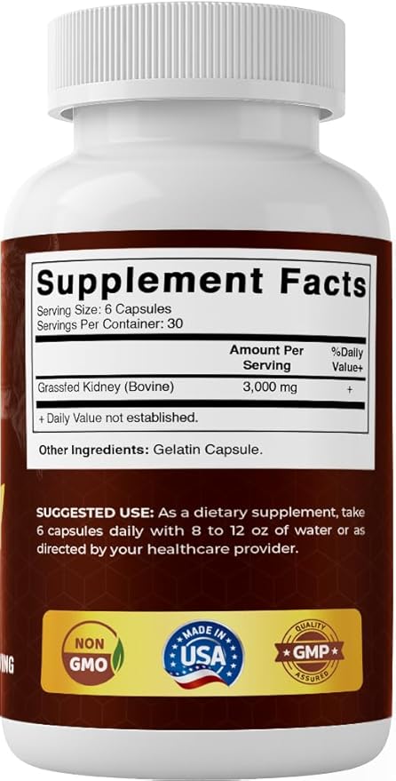 Vitamatic Grass-Fed Beef Kidney 180 Capsules – Freeze-Dried Non-GMO Bovine Liver Supplement – Pasture-Raised Glandular-Based Formula